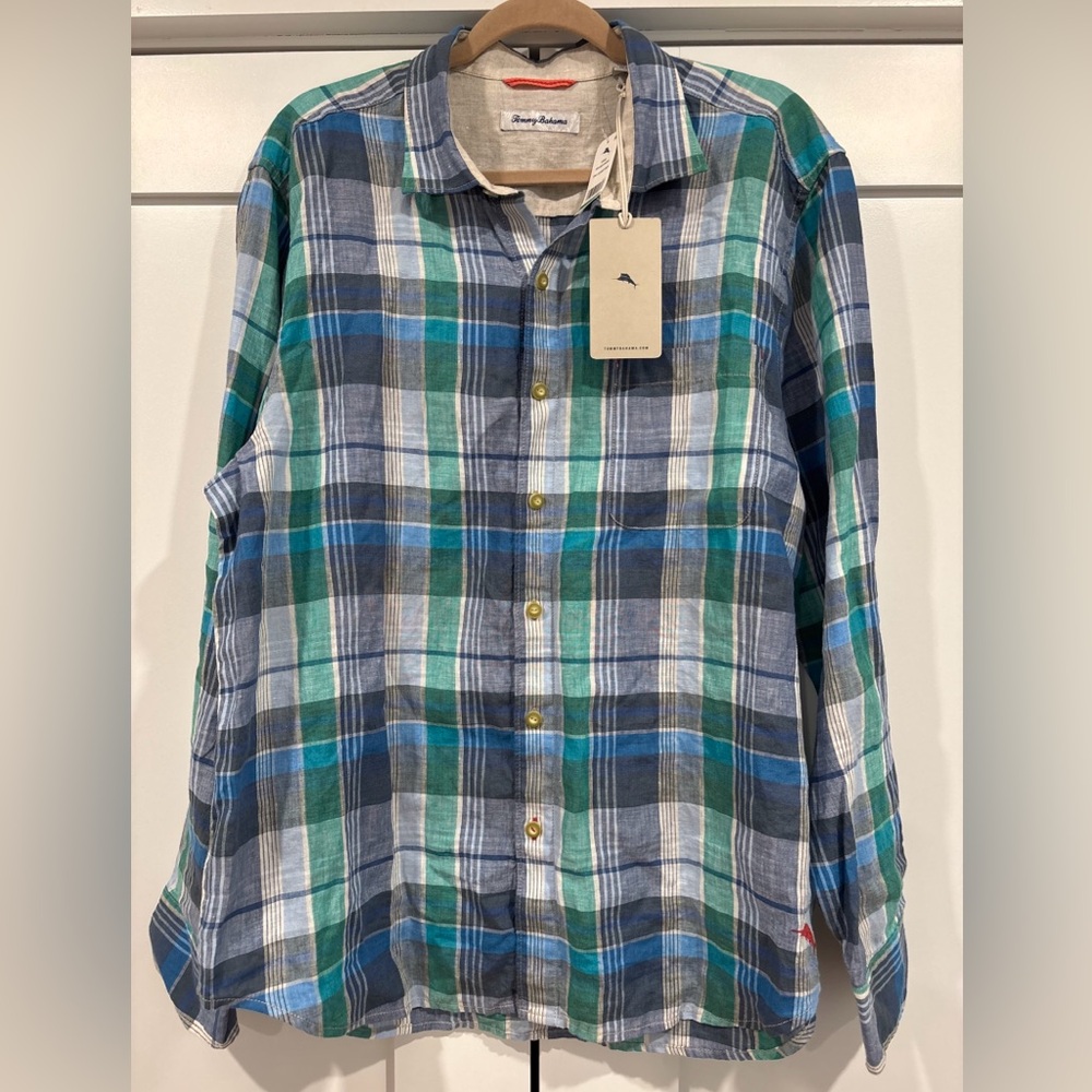 NWT Tommy Bahama Men's, Vero Beach Madras Linen Camp Shirt, Castaway Green Large